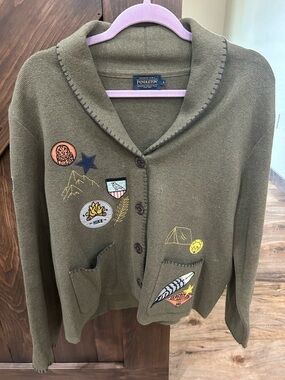 Pendleton Olive Green Patchwork Shawl-Collar Cardigan